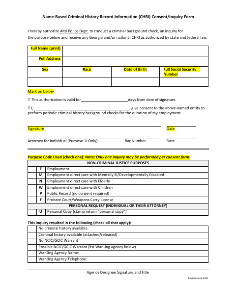First page of the Name-Based Criminal History Record Information Consent/Inquiry Form