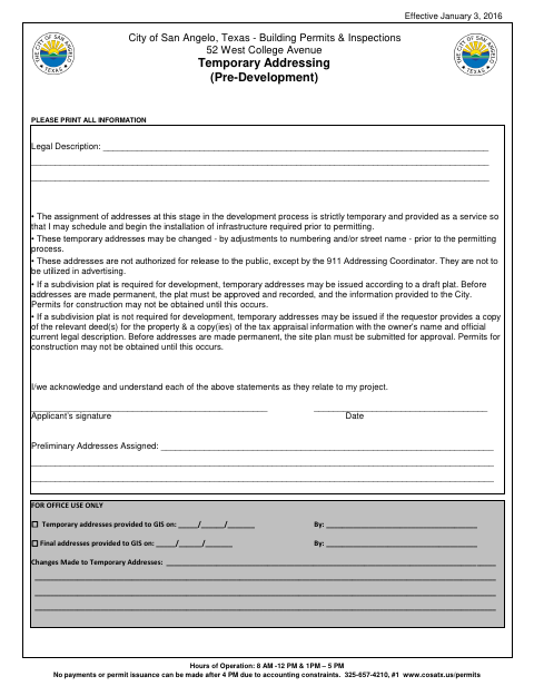 First page of the Temporary Addressing (Pre-Development)