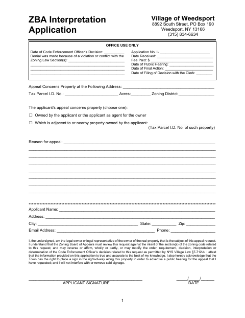 First page of the ZBA Interpretation Application