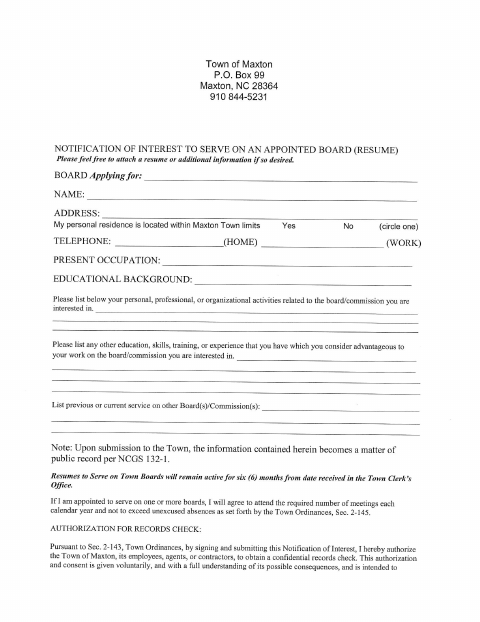 First page of the Notification of Interest to Serve on an Appointed Board