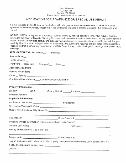 First page of the Application For A Variance Or Special Use Permit