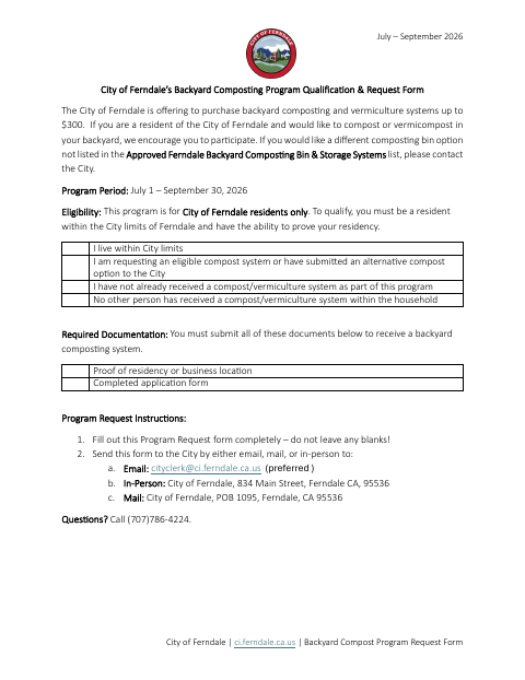 First page of the Backyard Compost Program Request Form