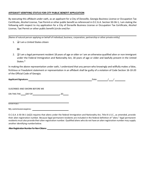 First page of the Affidavit Verifying Status for City Public Benefit Application
