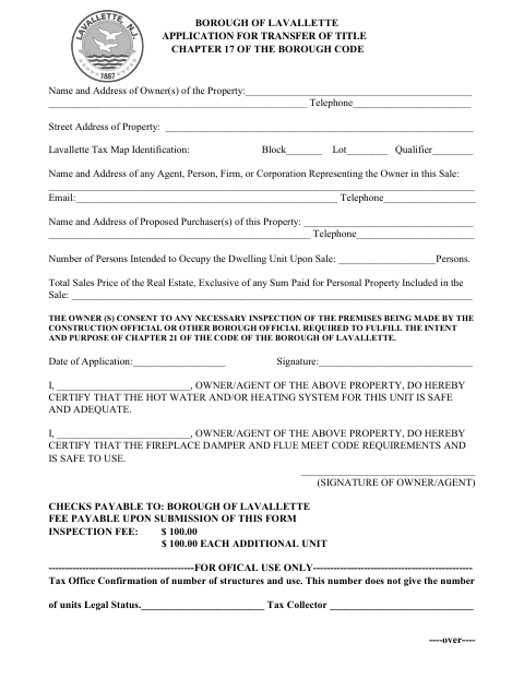 First page of the Application for Transfer of Title