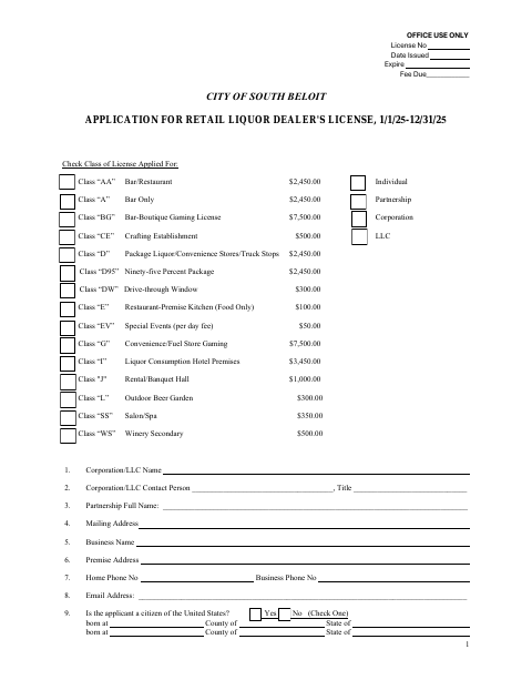 First page of the Retail Liquor Dealer's License Application