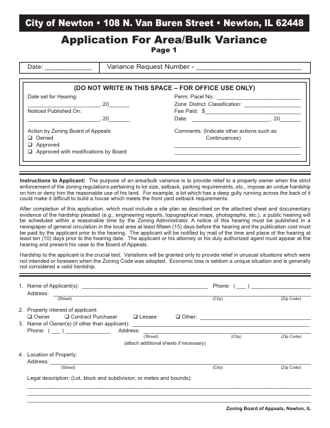 First page of the Application for Area/Bulk Variance