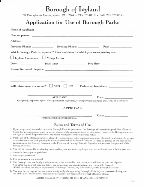 First page of the Application for Use of Borough Parks