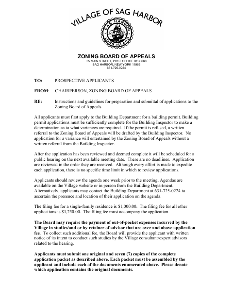 First page of the Zoning Board of Appeals Variance Application