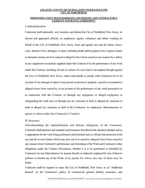 First page of the Indemnification, Hold Harmless and Contractor’s Liability Insurance Agreement
