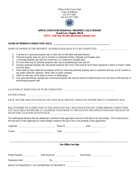 First page of the Application for Personal Property Sale Permit