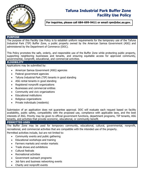 First page of the Tafuna Industrial Park Buffer Zone Facility Use Application