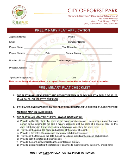 First page of the Preliminary Plat Application