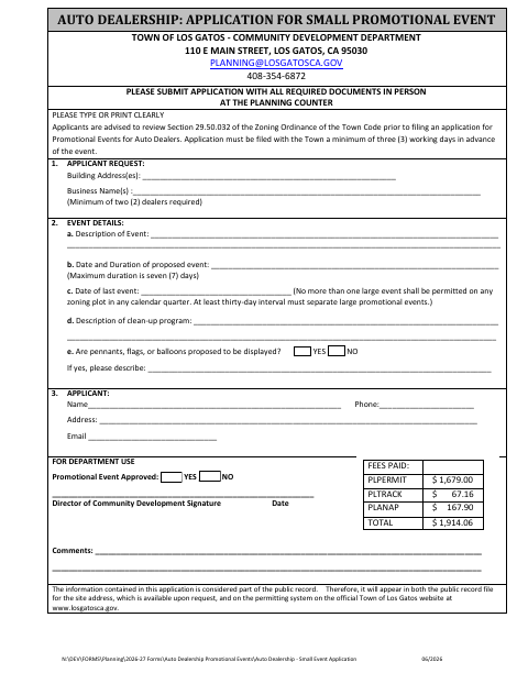 First page of the Auto Dealership Small Promotional Event Application