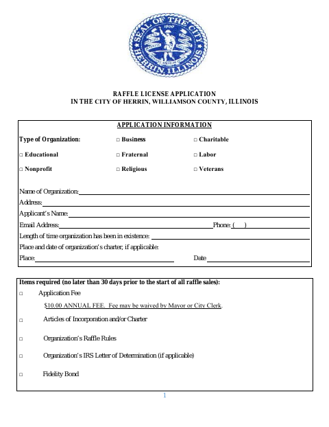 First page of the Raffle License Application