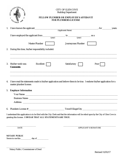 First page of the Fellow Plumber or Employer’s Affidavit for Plumbers License