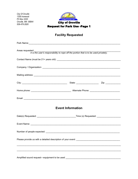 First page of the Request for Park Use