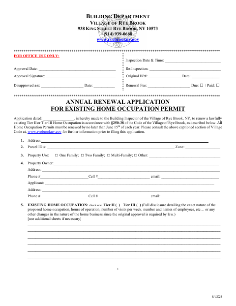 First page of the Annual Home Occupation Permit Renewal Application