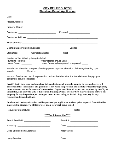 First page of the Plumbing Permit Application