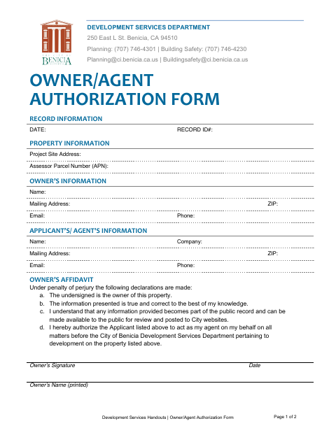 First page of the Owner/Agent Authorization Form