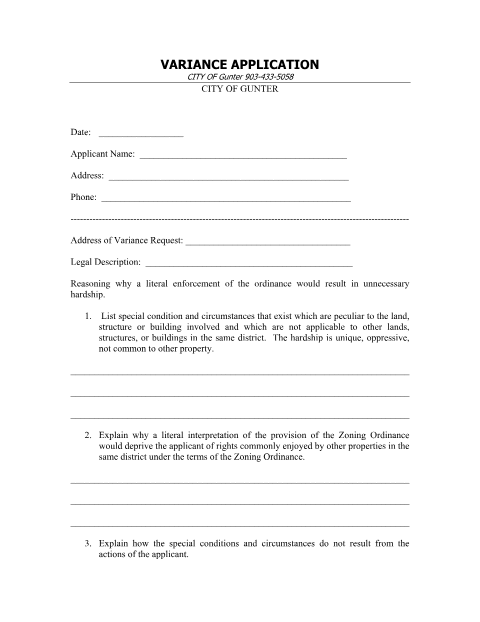 First page of the Variance Request Application