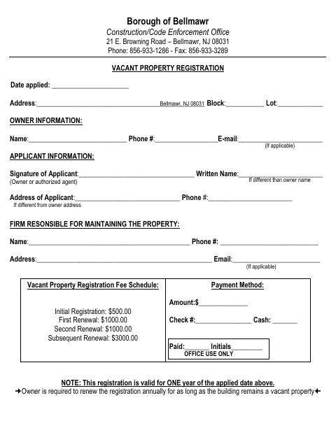 First page of the Vacant Property Registration