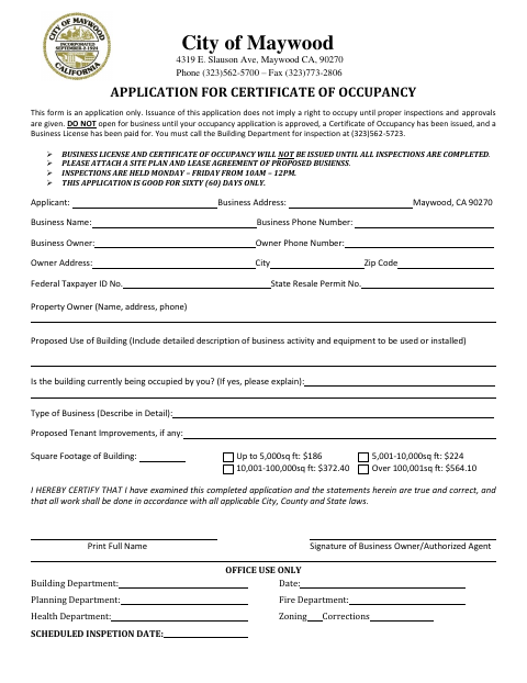 First page of the Application for Certificate of Occupancy