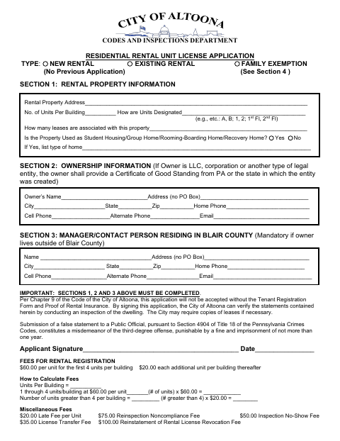 First page of the Residential Rental Unit License Application