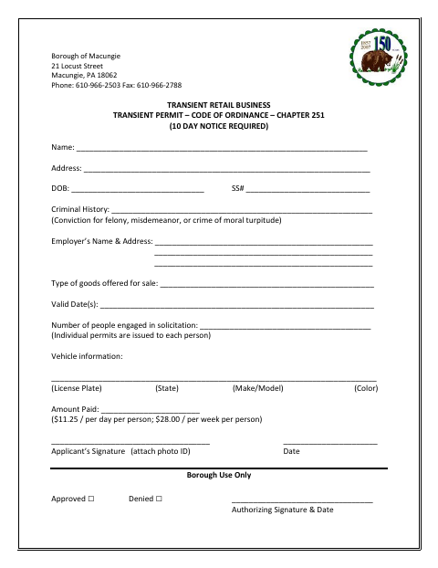 First page of the Transient Retail Business Permit