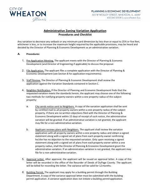 First page of the Administrative Zoning Variation Application
