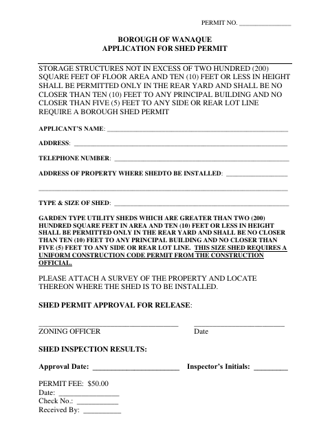 First page of the Application for Shed Permit
