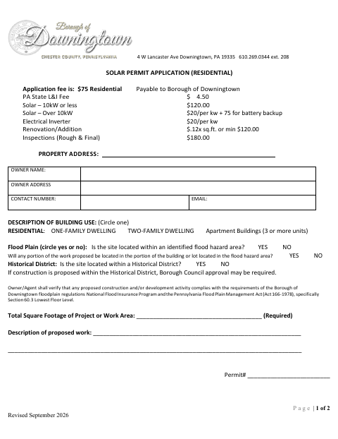 First page of the Solar Permit Application (Residential)