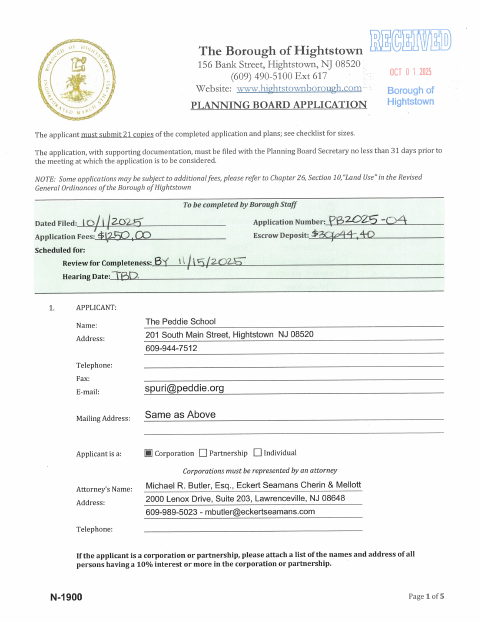 First page of the Planning Board Application