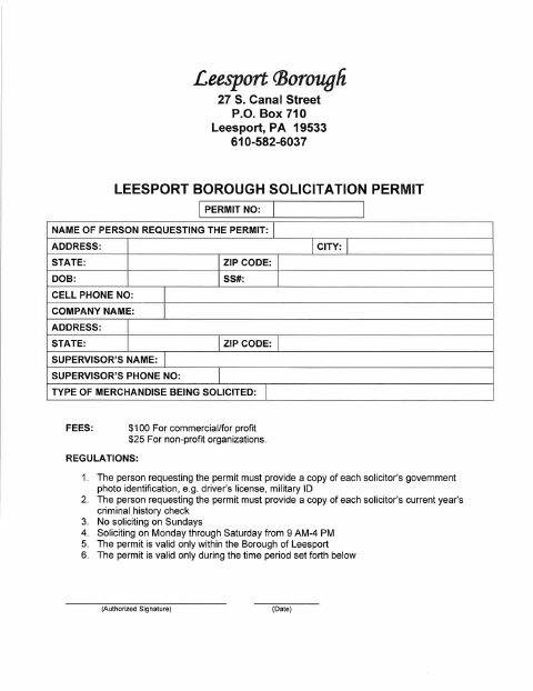 First page of the Solicitation Permit Application
