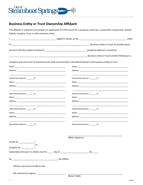 First page of the Business Entity or Trust Ownership Affidavit