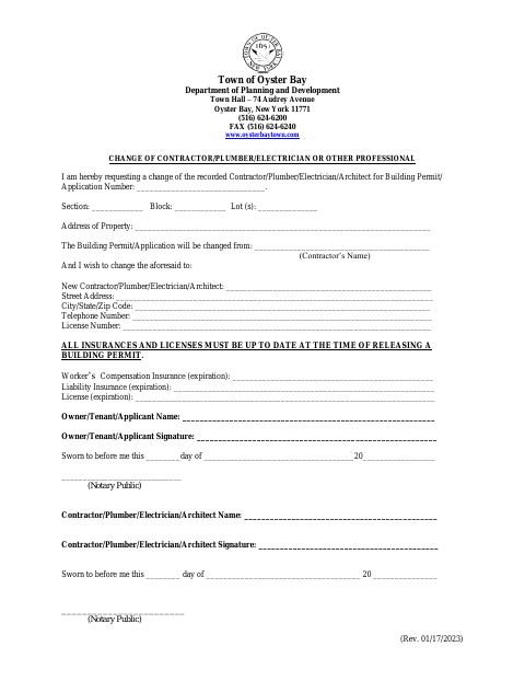 First page of the Change of Contractor, Plumber, Electrician or Other Professional