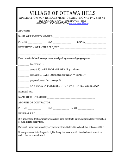 First page of the Application for Replacement or Additional Pavement