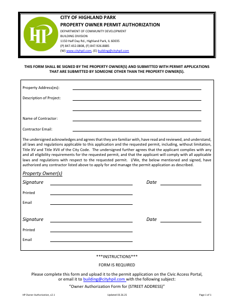 First page of the Property Owner Permit Authorization