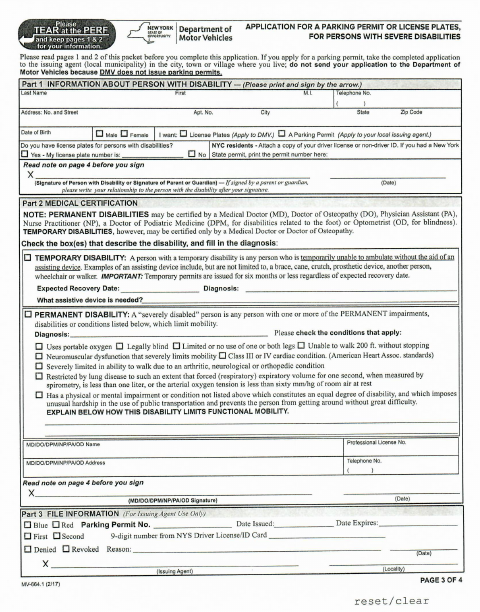 First page of the Application for a Parking Permit or License Plates for Persons With Severe Disabilities