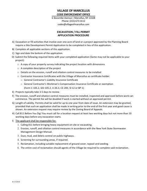 First page of the Excavation / Fill Permit Application