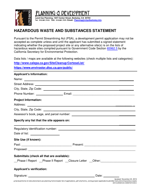 First page of the Hazardous Waste and Substances Statement