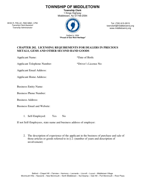 First page of the Precious Metals and Second-Hand Goods Dealer License Application