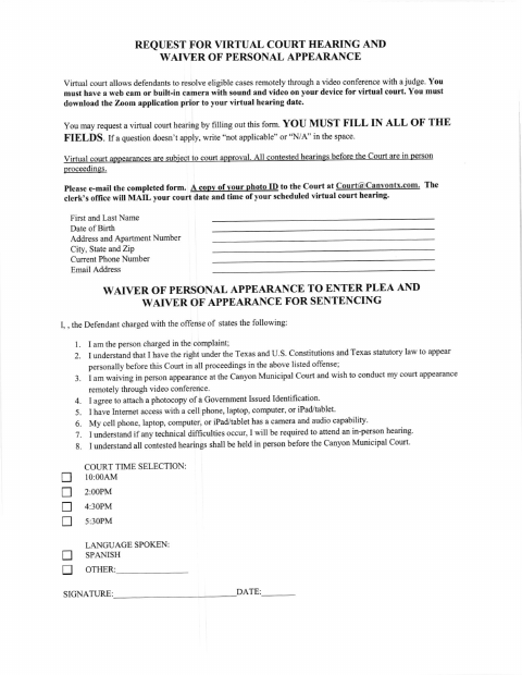 First page of the Request for Virtual Court Hearing and Waiver of Personal Appearance