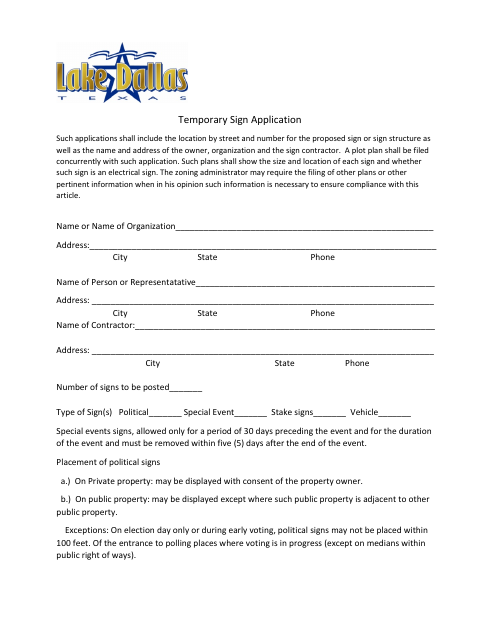 First page of the Temporary Sign Application