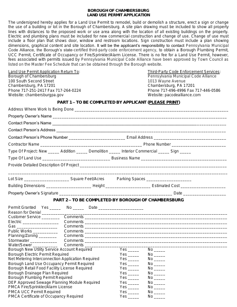 First page of the Land Use Permit Application