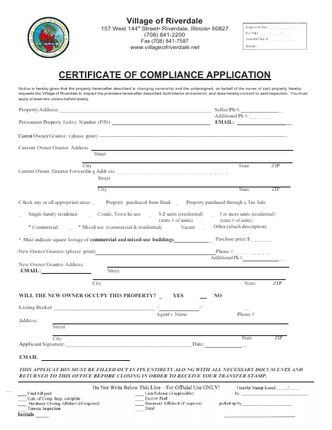 First page of the Certificate of Compliance Application and Affidavits