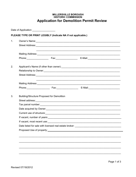 First page of the Application for Demolition Permit Review