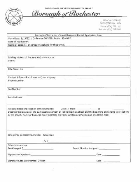 First page of the Street Dumpster Permit Application
