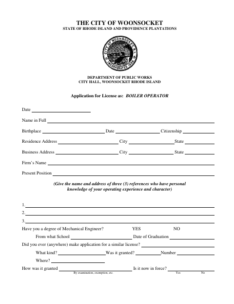 First page of the Boiler Operator License Application
