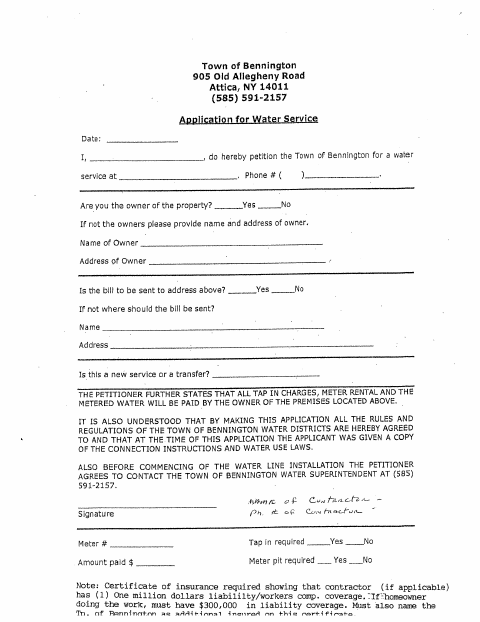 First page of the New Water Service Application
