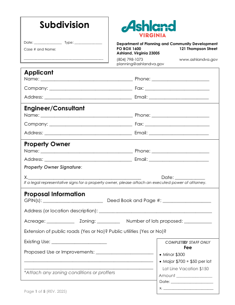 First page of the Subdivision Application